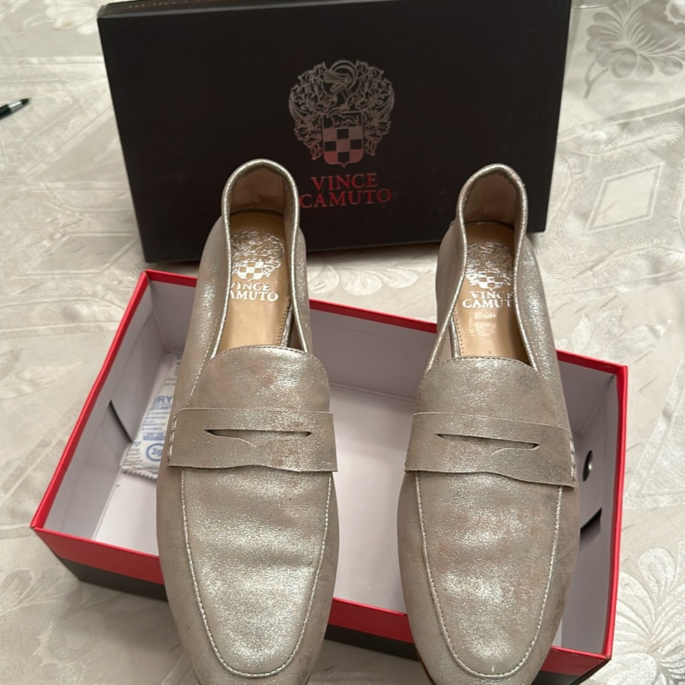 Vince Camuto Macinda Sandy silver sparkling suede loafer